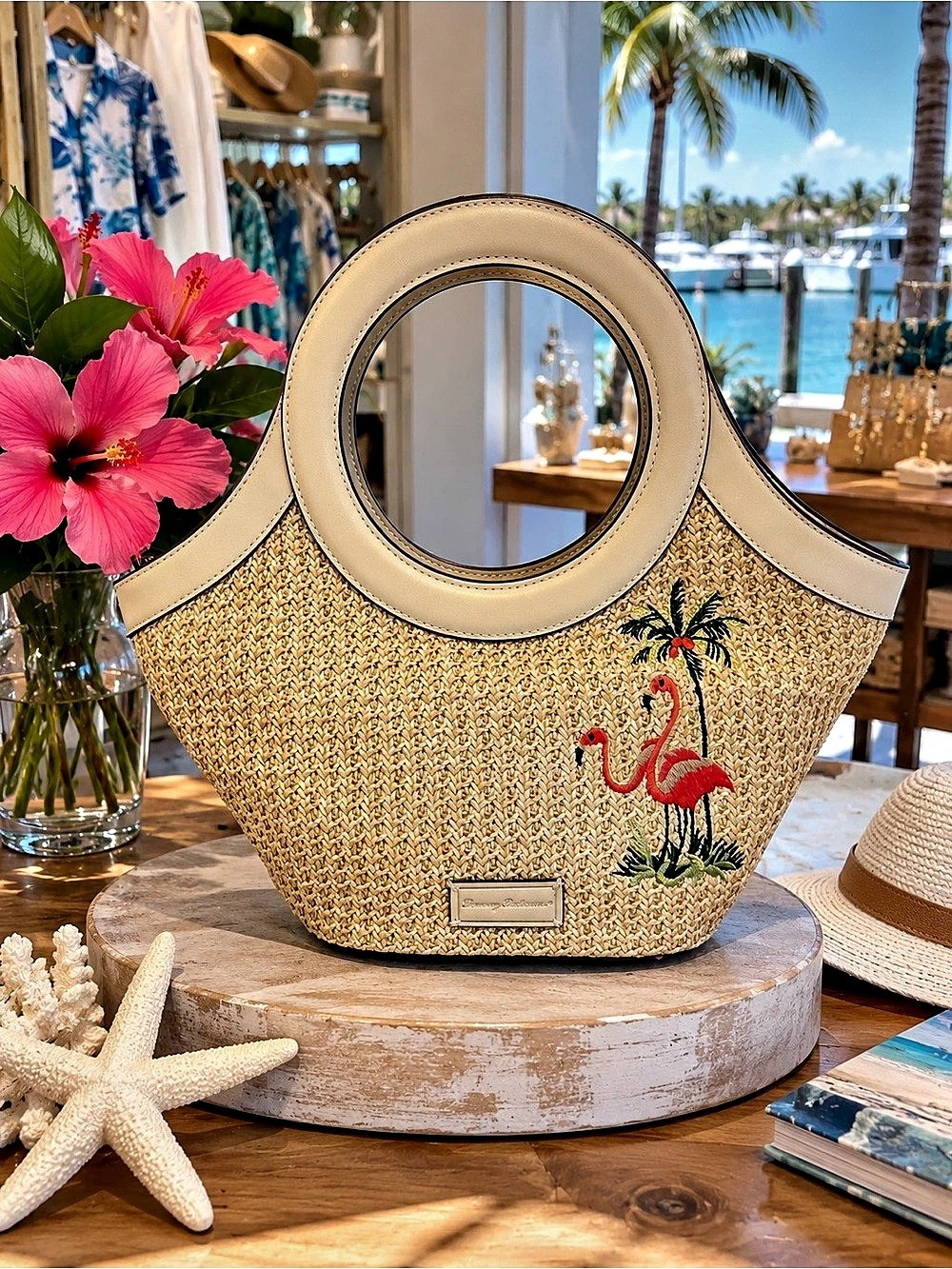 Tommy Bahama Flamingo Embroidery Mini Tote Beige NWT